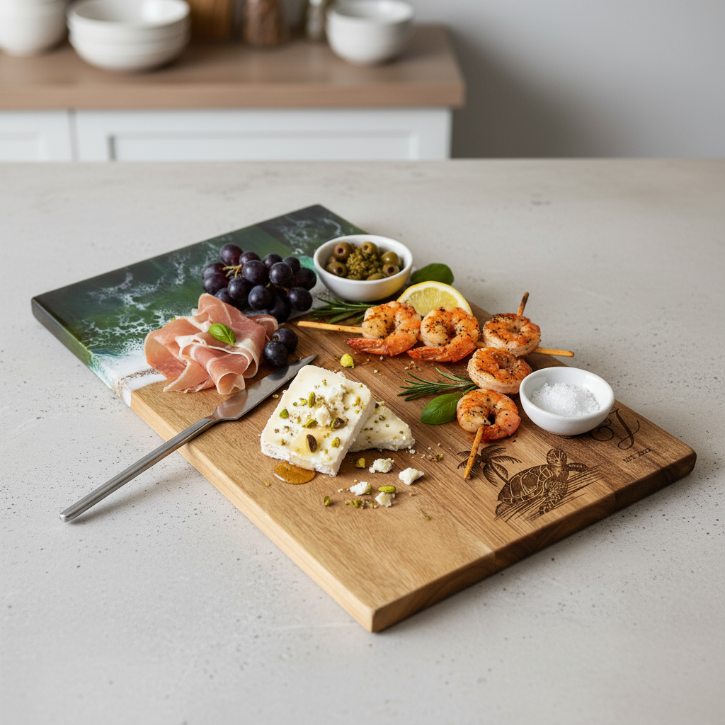 Custom Acacia Wood Cutting Board Resin Green Wave Draw