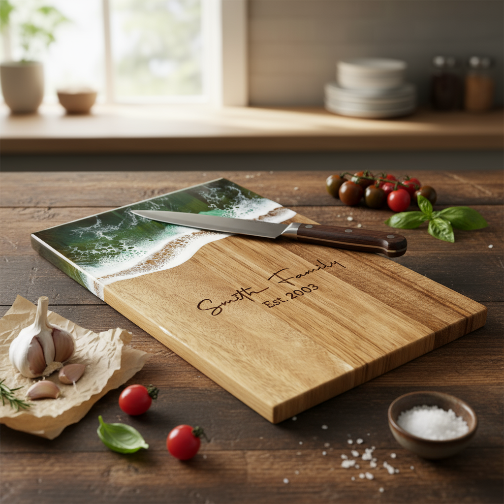 Custom Acacia Wood Cutting Board Resin Green Wave Text