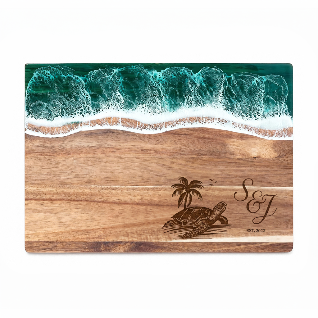 Custom Acacia Wood Cutting Board Resin Green Wave Draw