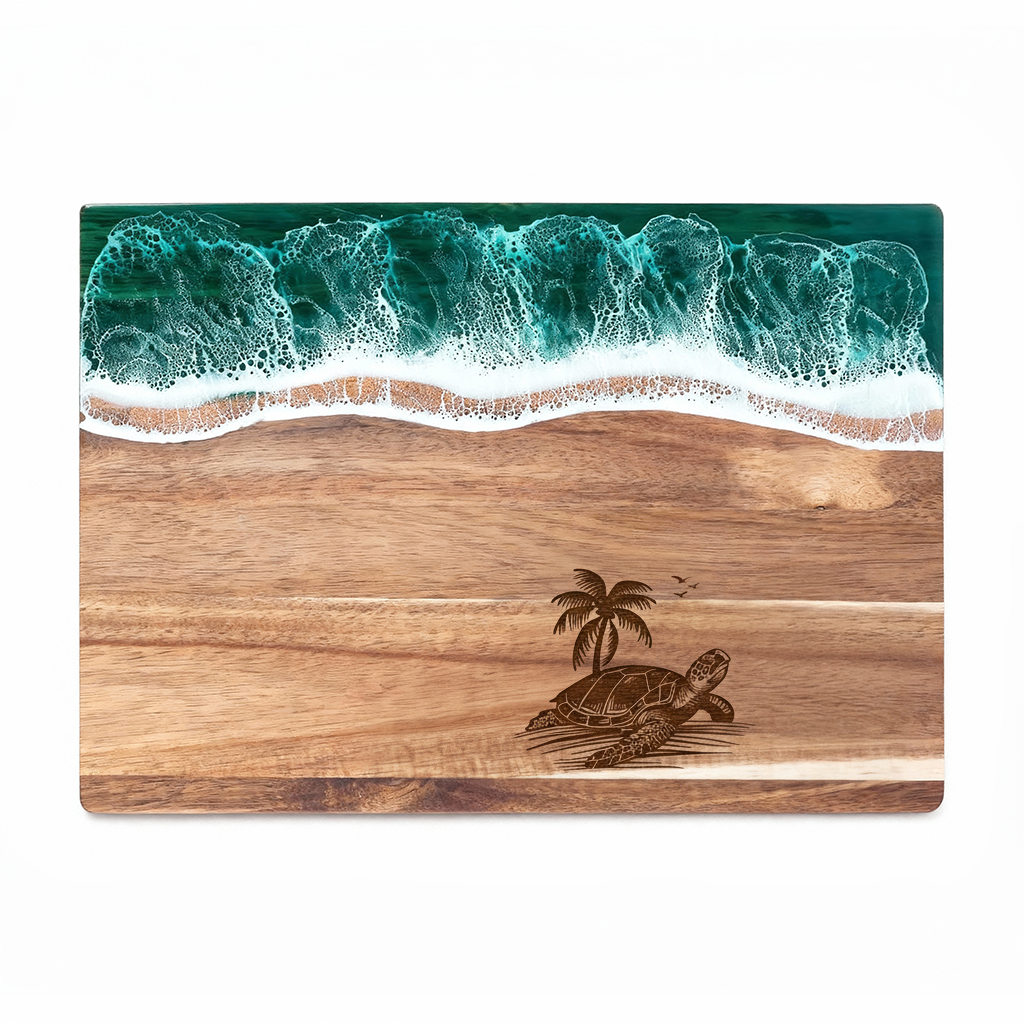 Custom Acacia Wood Cutting Board Resin Green Wave Draw