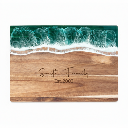 Custom Acacia Wood Cutting Board Resin Green Wave Text