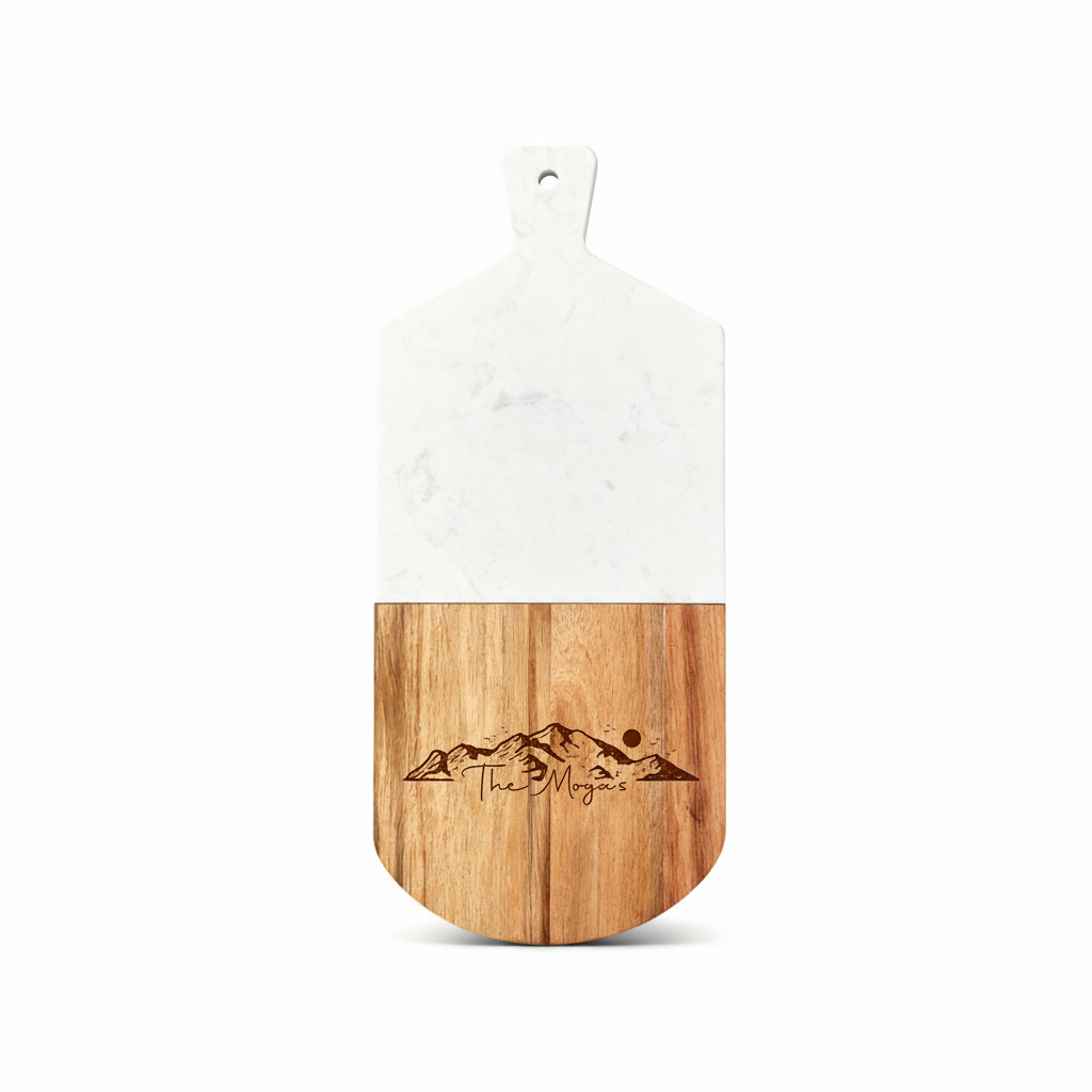 Custom White Marble and Acacia Wood Cutting Board Mountain 02