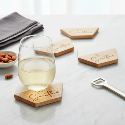 Custom White Marble &amp; Acacia Wood Coasters set (Text)