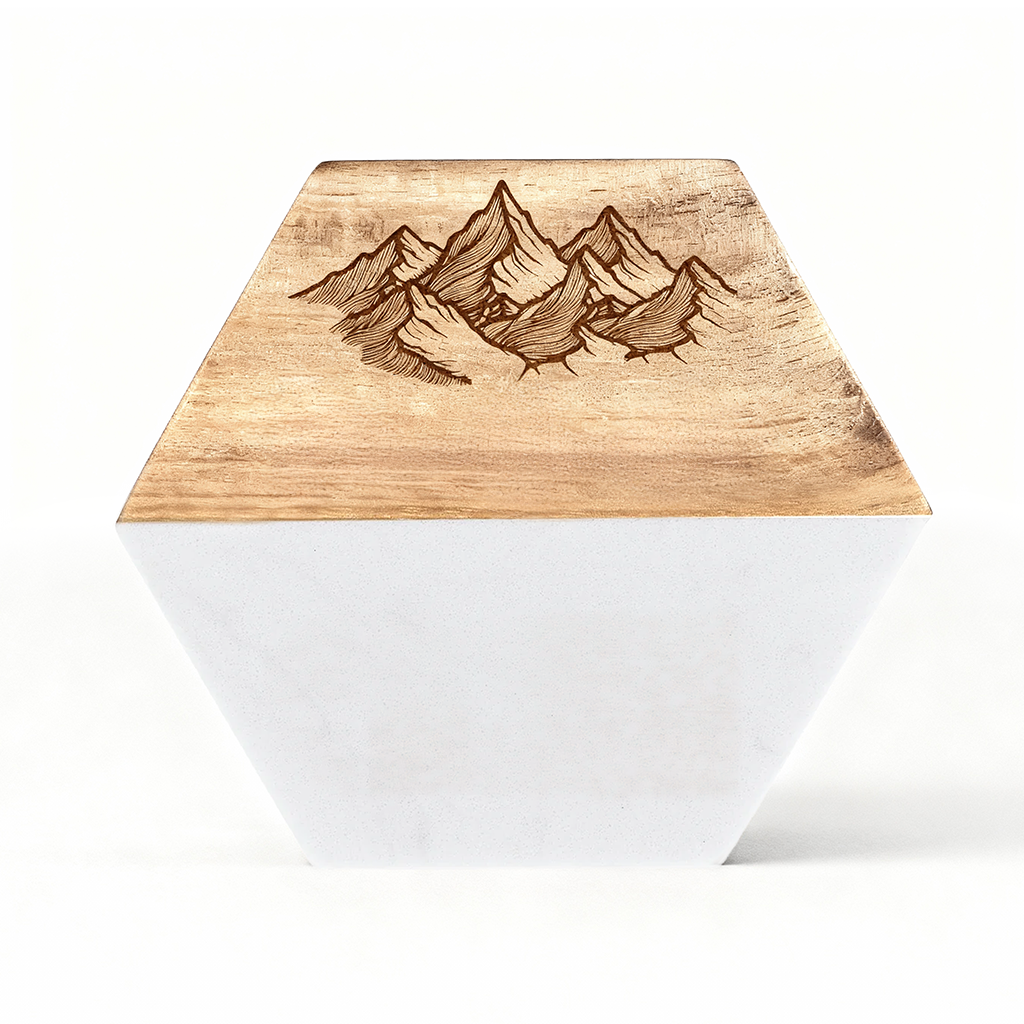 Custom White Marble &amp; Acacia Wood Coasters set (Mountain with Text)