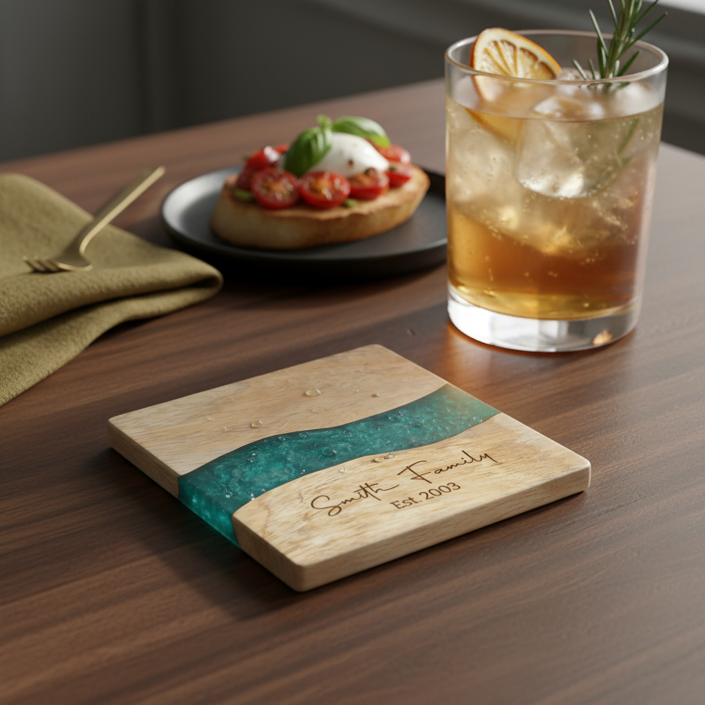 Custom Wood &amp; Epoxy Resin Coaster Set with Stand Text