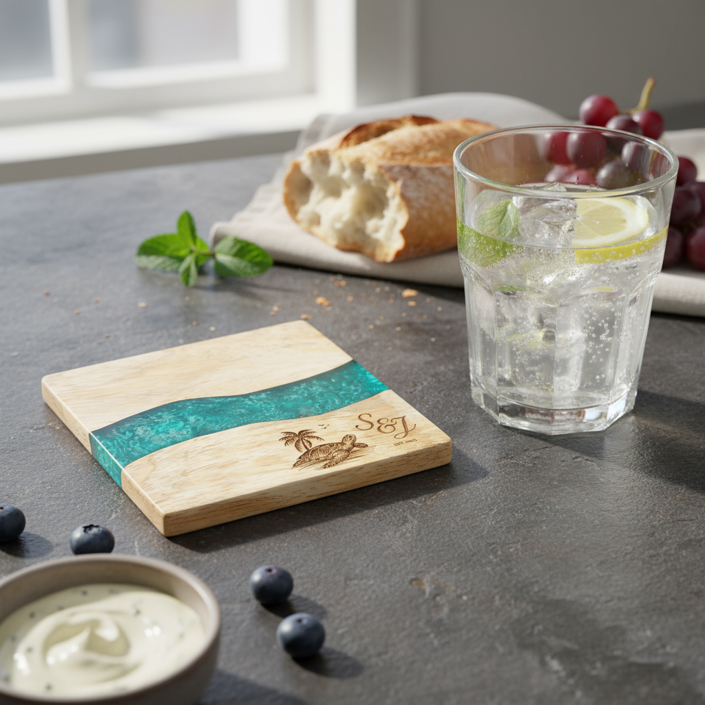 Custom Wood &amp; Epoxy Resin Coaster Set with Stand Draw