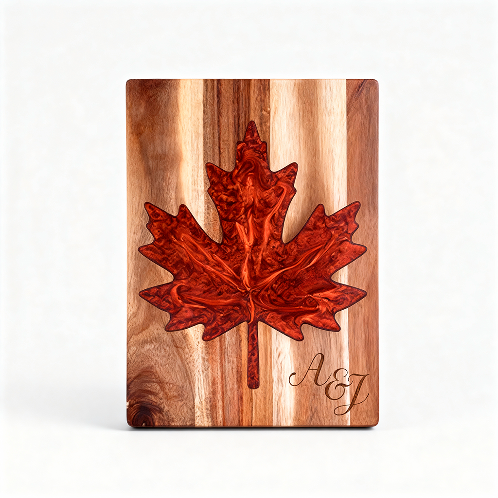 Custom Acacia Wood &amp; Epoxy Resin Cutting Board – Maple Leaf Shape