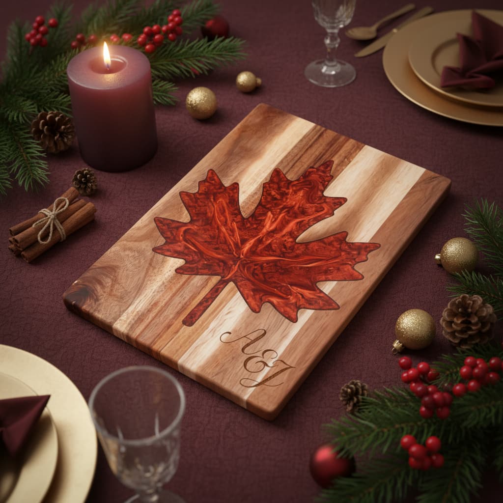 Custom Acacia Wood &amp; Epoxy Resin Cutting Board – Maple Leaf Shape