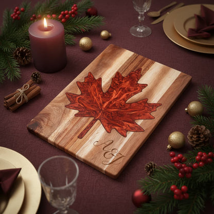 Custom Acacia Wood &amp; Epoxy Resin Cutting Board – Maple Leaf Shape
