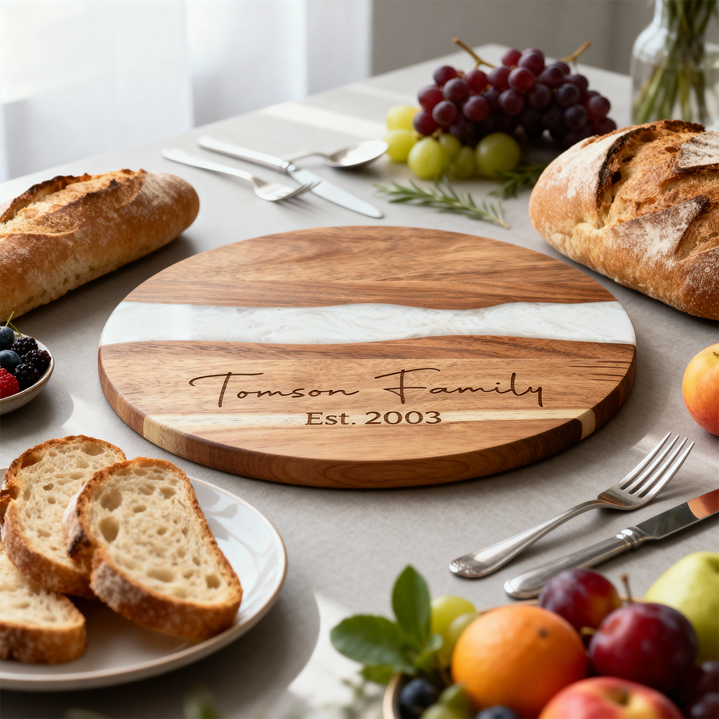 Custom Round Acacia Wood Cutting Board Resin White