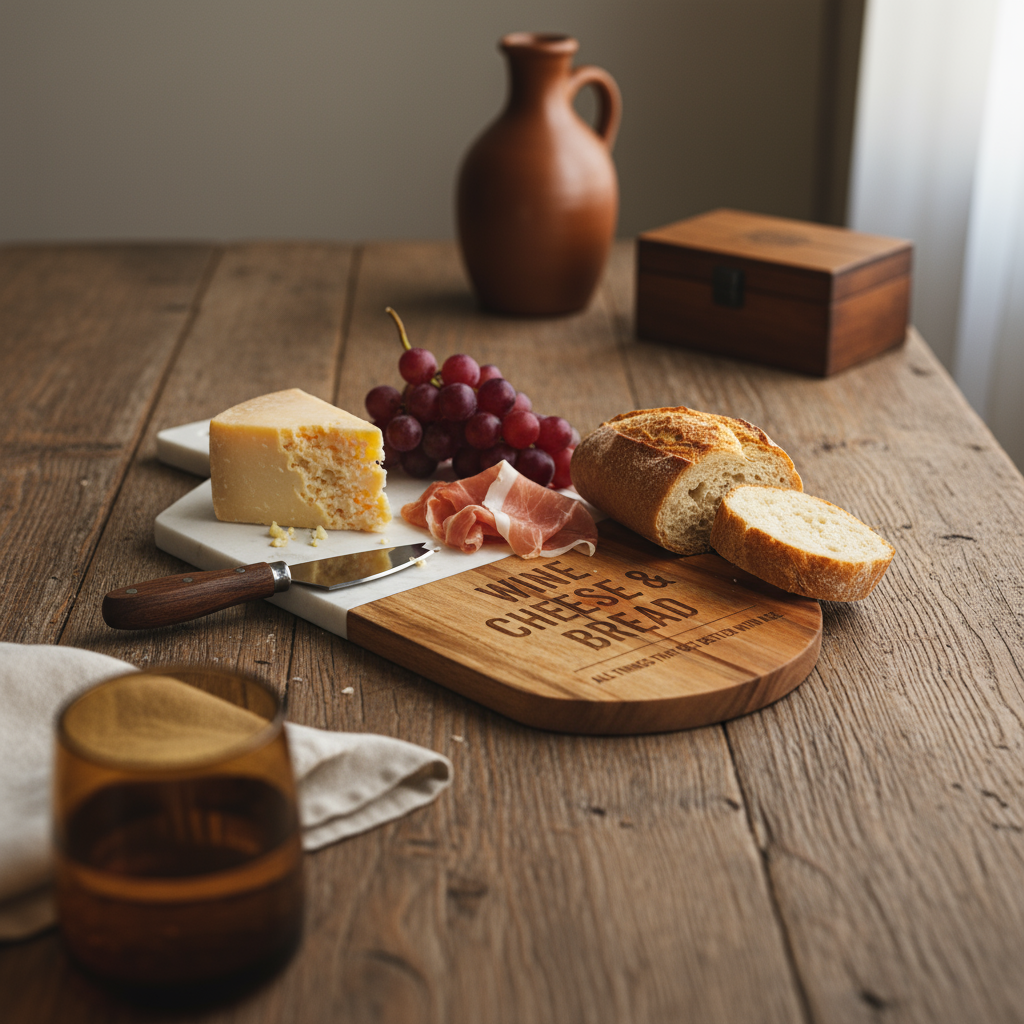 Custom White Marble and Acacia Wood Cutting Board Text