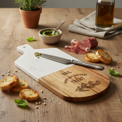 Custom White Marble and Acacia Wood Cutting Board Mountain 01