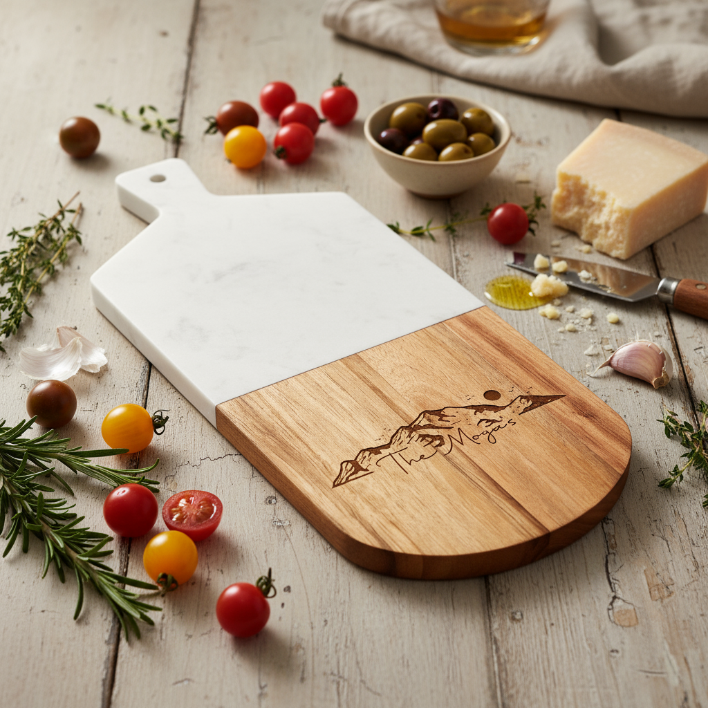Custom White Marble and Acacia Wood Cutting Board Mountain 02