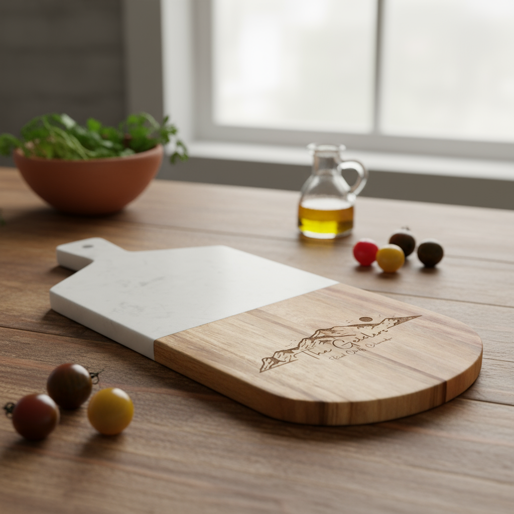 Custom White Marble and Acacia Wood Cutting Board Mountain 02