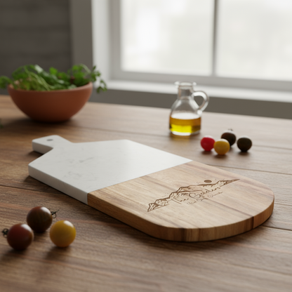 Custom White Marble and Acacia Wood Cutting Board Mountain 02